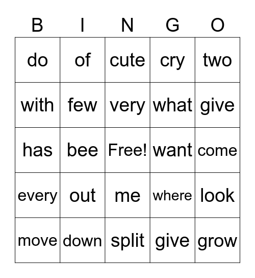 Word Bingo Card