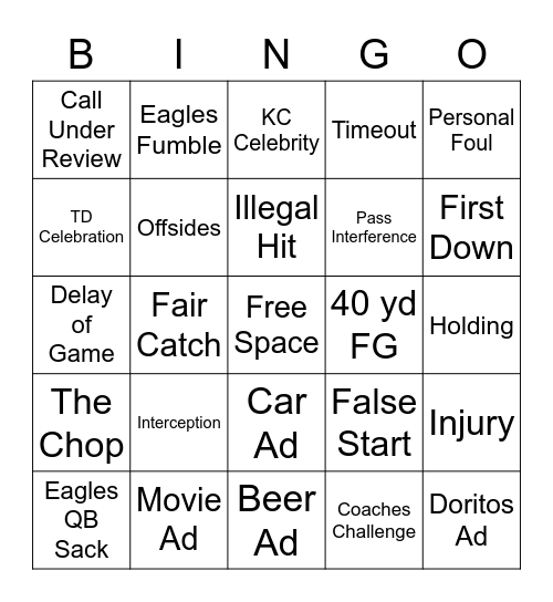 Chiefs Super Bowl Bingo Card