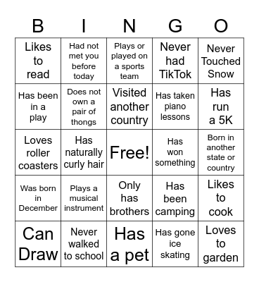 Get to Know You Bingo Card