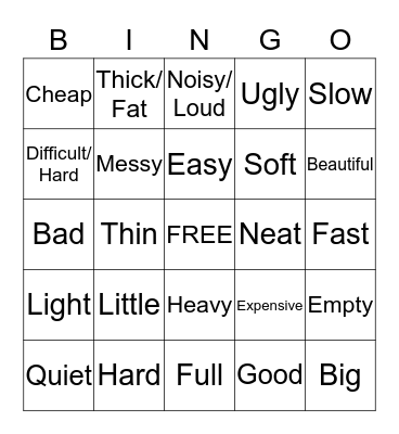 Describing Things Bingo Card
