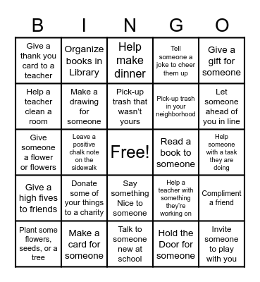 Random Acts of Kindness BINGO Card