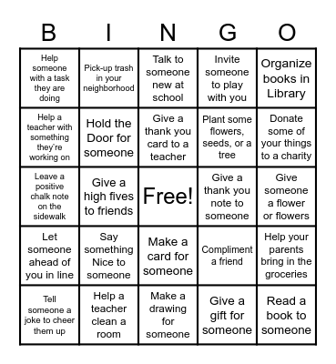 Random Acts of Kindness BINGO Card