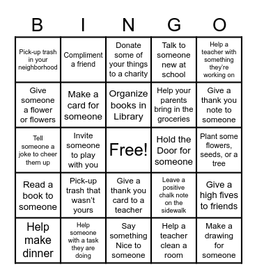 Random Acts of Kindness BINGO Card