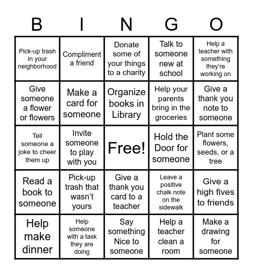 Random Acts of Kindness BINGO Card