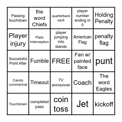 Super Bowl Bingo Card