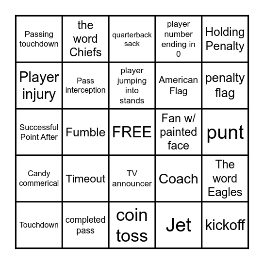 Super Bowl Bingo Card