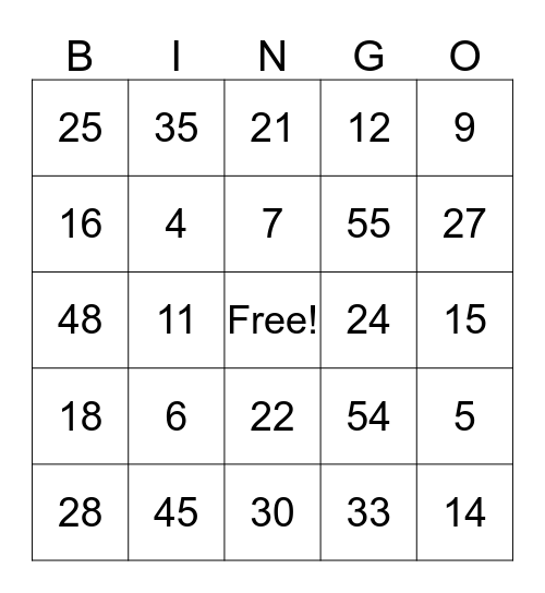 Multiplication Bingo: 1 - 6 Bingo Card