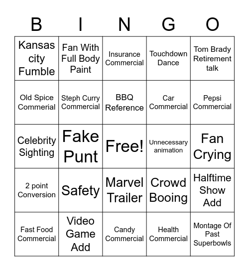 Super Bowl Bingo Card