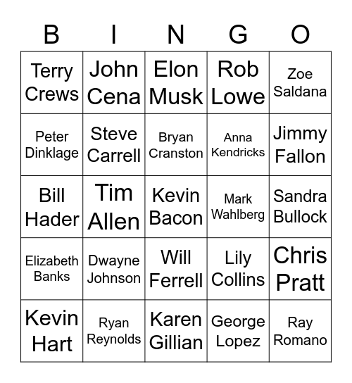 Kevin Bacon Celebrity Bingo Card