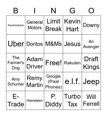 Super Bowl Ad Bingo Card