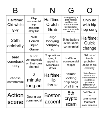 Super bowl Commercials and Halftime Bingo Card