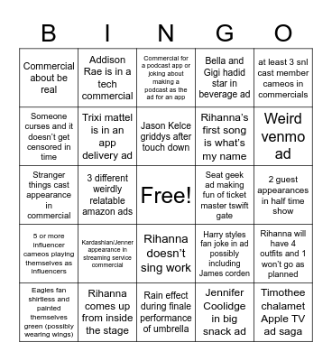 Super Bowl 2023 Bingo Card