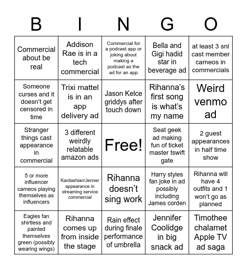 Super Bowl 2023 Bingo Card