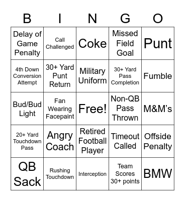 Super Bowl LVII Bingo Card