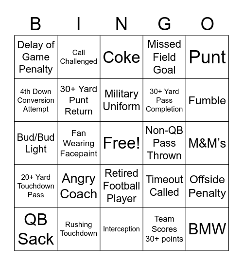Super Bowl LVII Bingo Card