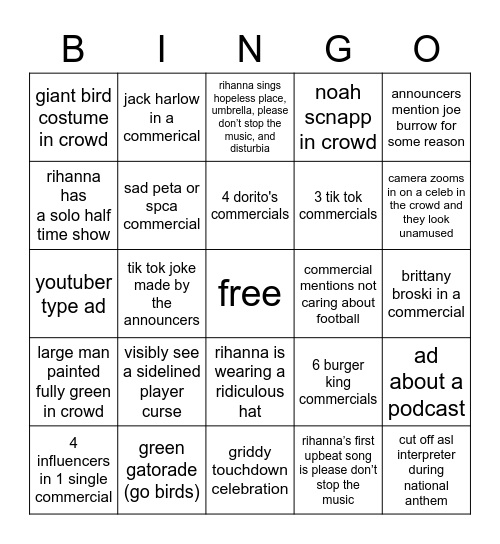 Jenna's Super Bowl Bingo Board Bingo Card