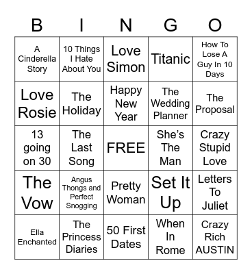 Romantic Comedies Bingo Card