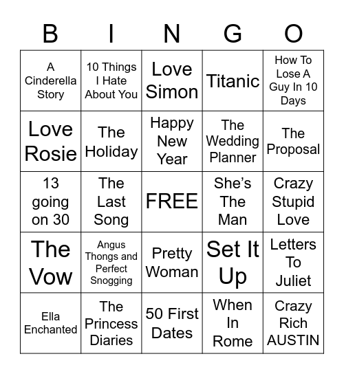 Romantic Comedies Bingo Card