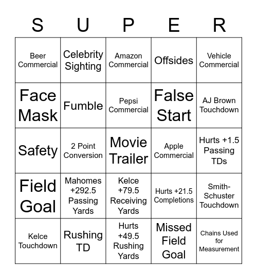 Super Bowl LVII Bingo Card