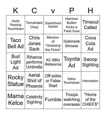 Super Bowl LVII Bingo Card