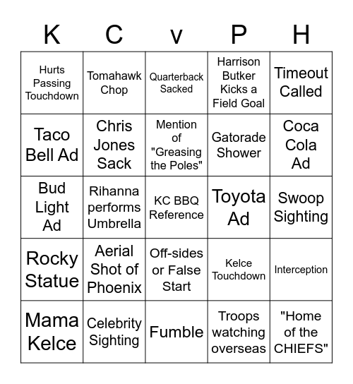 Super Bowl LVII Bingo Card