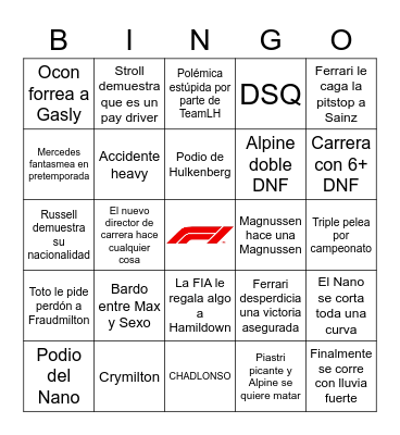 F1 2023 Bingovich Bingo Card