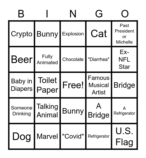 SUPER BOWL COMMERICALS Bingo Card