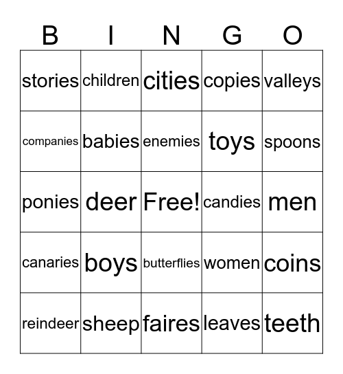 Plural Nouns Bingo Card