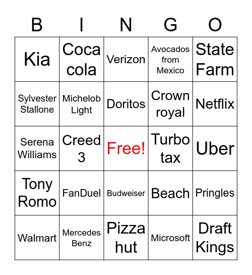 Commercials Bingo Card