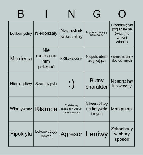 Jak zła jest twoja dobra postać? Bingo Card