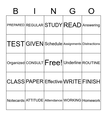 Study Skills Bingo Card