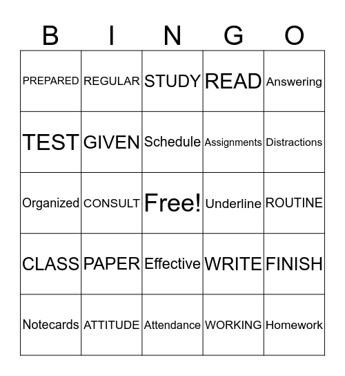 Study Skills Bingo Card