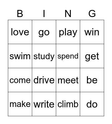 Past Simple Bingo Card