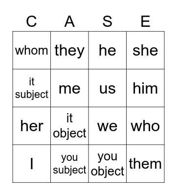 Pronoun Bingo Card