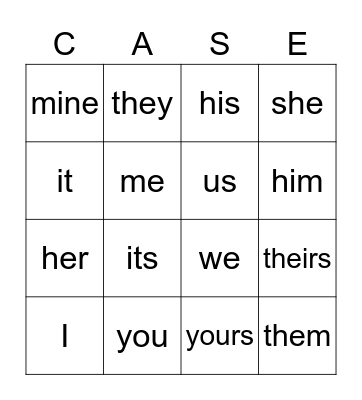 Pronoun Bingo Card