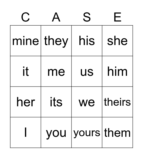 Pronoun Bingo Card
