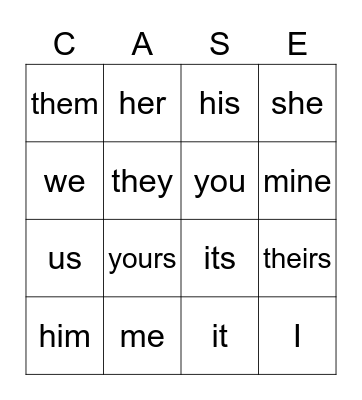 Pronoun Bingo Card
