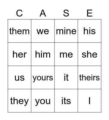 Pronoun Bingo Card