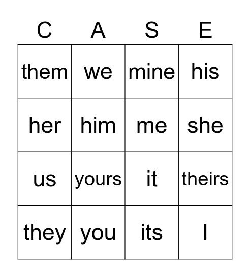 Pronoun Bingo Card