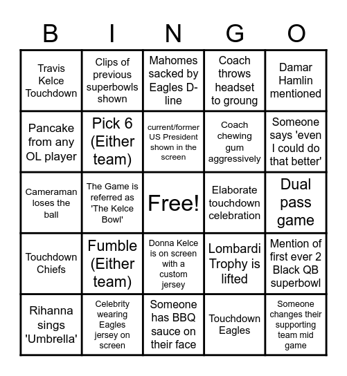 LIONS SUPERBOWL BINGO Card