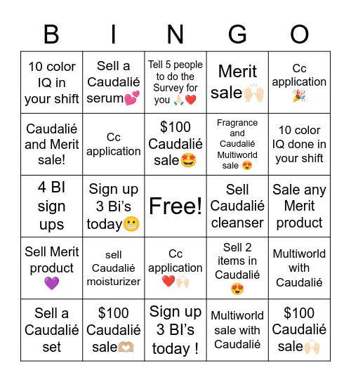 Caudalié Event and store Goals Bingo Card