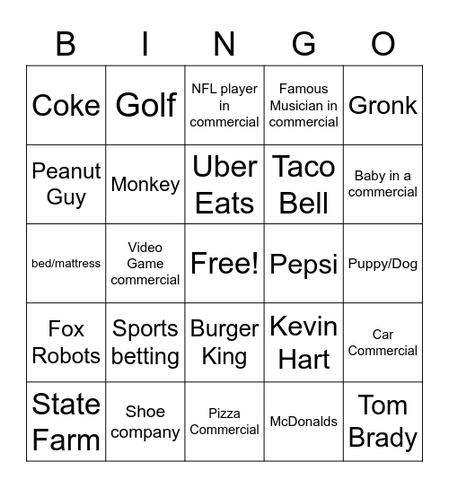 Big Game Commercials Bingo Card