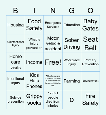 Injury Prevention Bingo Card
