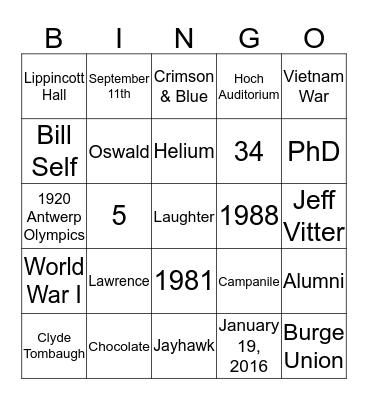 UNIV 101 BINGO! Bingo Card