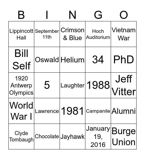 UNIV 101 BINGO! Bingo Card