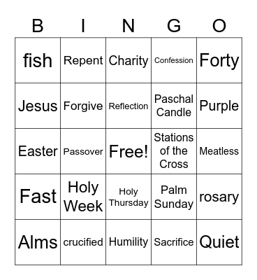 Ash Wednesday Bingo Card