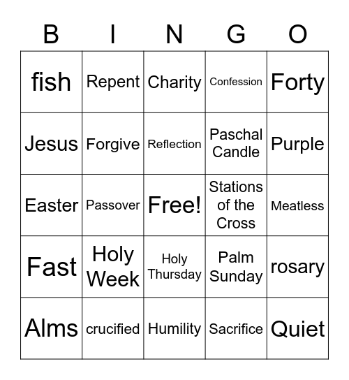 Ash Wednesday Bingo Card