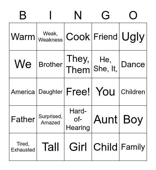 Lesson 1 last 11 signs and first 13 lesson 2 Bingo Card