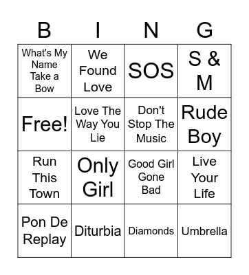 Rihanna Super Bowl Bingo Card