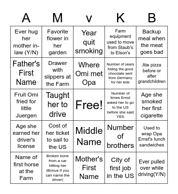Omi's 100th Birthday Bingo Card